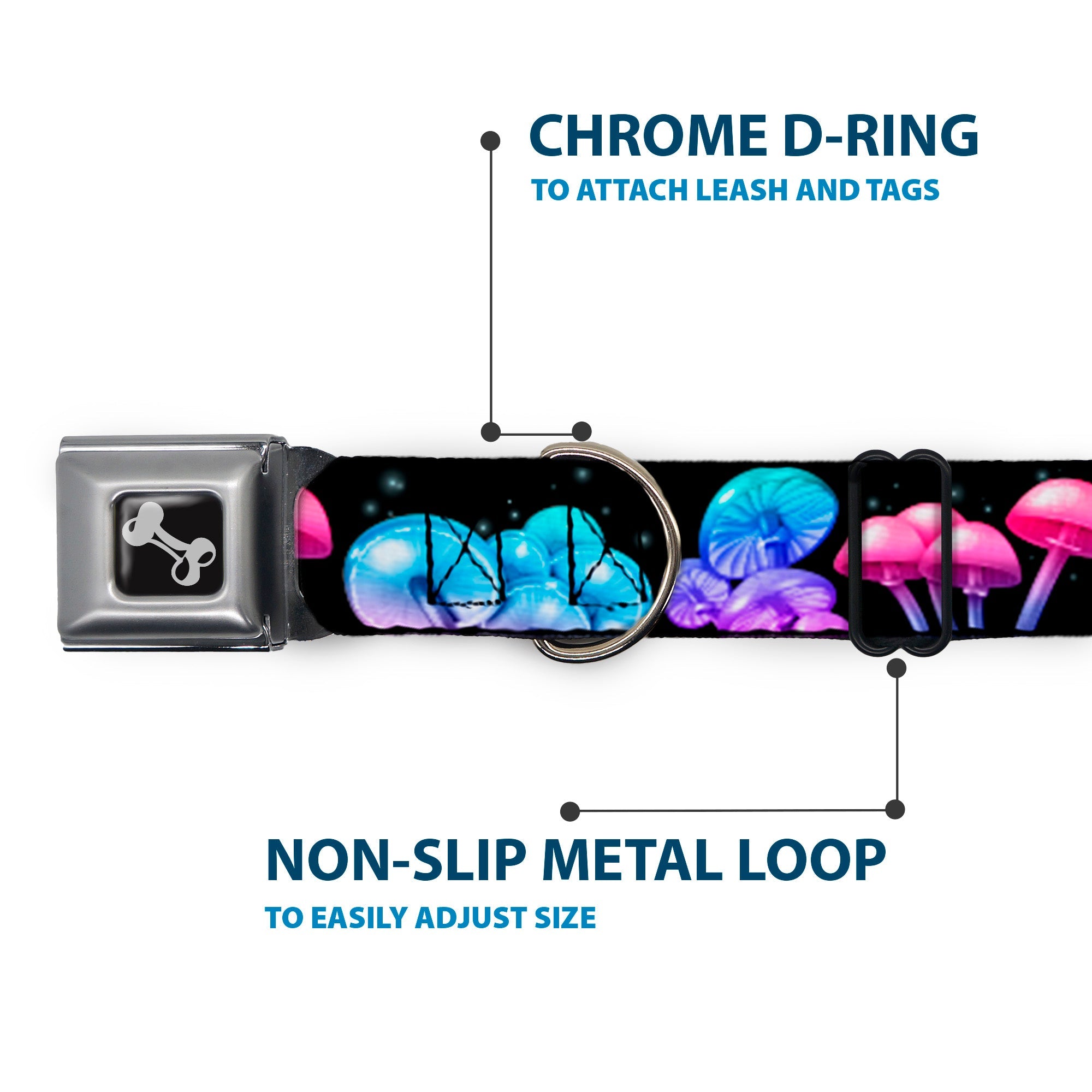 Dog Bone Black/Silver Seatbelt Buckle Collar - Mushroom Glow Black/Multi Color