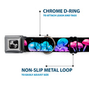 Dog Bone Black/Silver Seatbelt Buckle Collar - Mushroom Glow Black/Multi Color