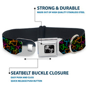 Dog Bone Black/Silver Seatbelt Buckle Collar - Mushroom Outline Scattered Black/Multi Neon