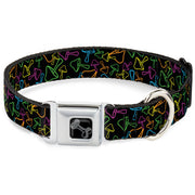 Dog Bone Black/Silver Seatbelt Buckle Collar - Mushroom Outline Scattered Black/Multi Neon