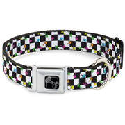 Dog Bone Black/Silver Seatbelt Buckle Collar - Mushrooms Scattered Checker Black/White/Multi Neon
