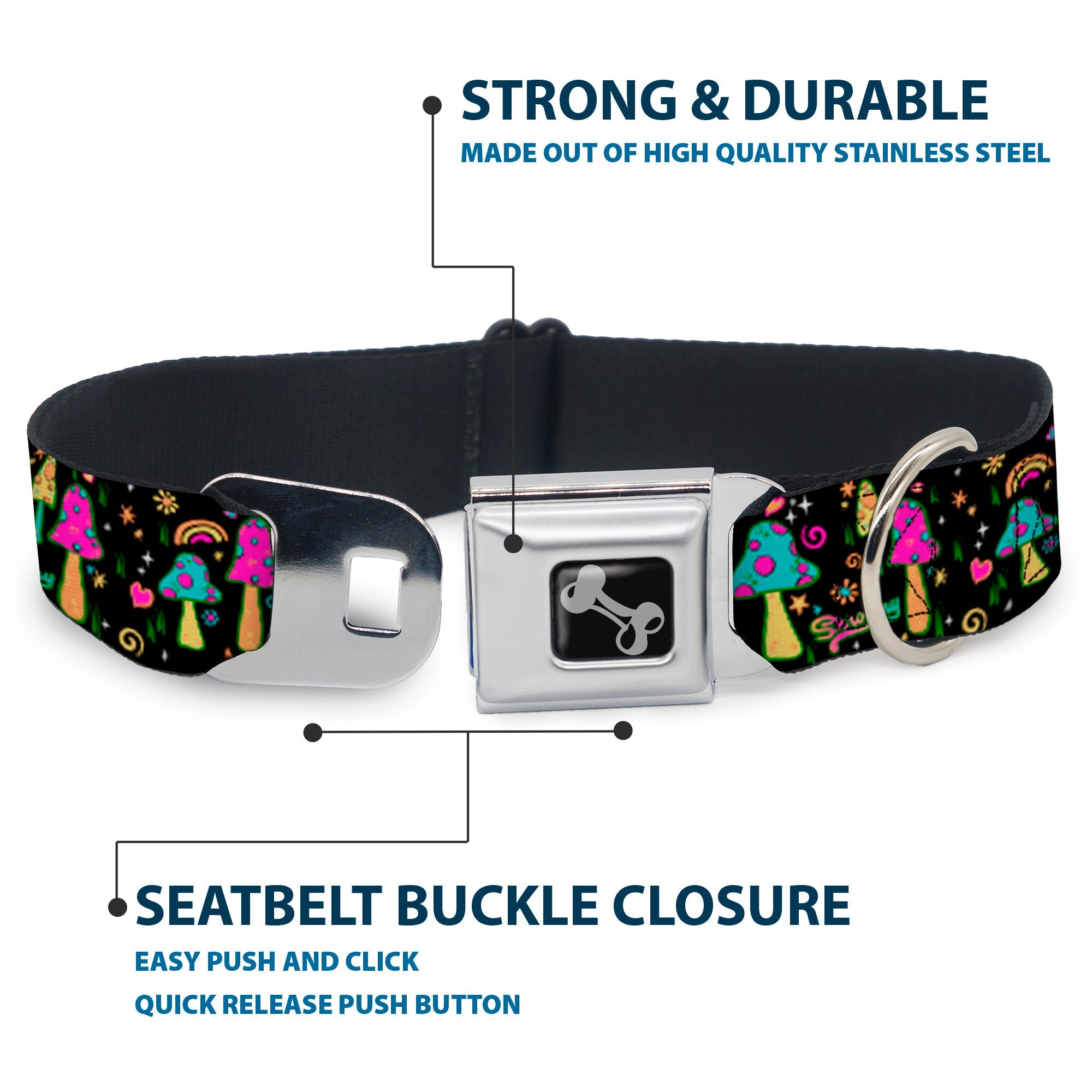 Dog Bone Black/Silver Seatbelt Buckle Collar - Mushroom SHROOMY Garden Black/Multi Color