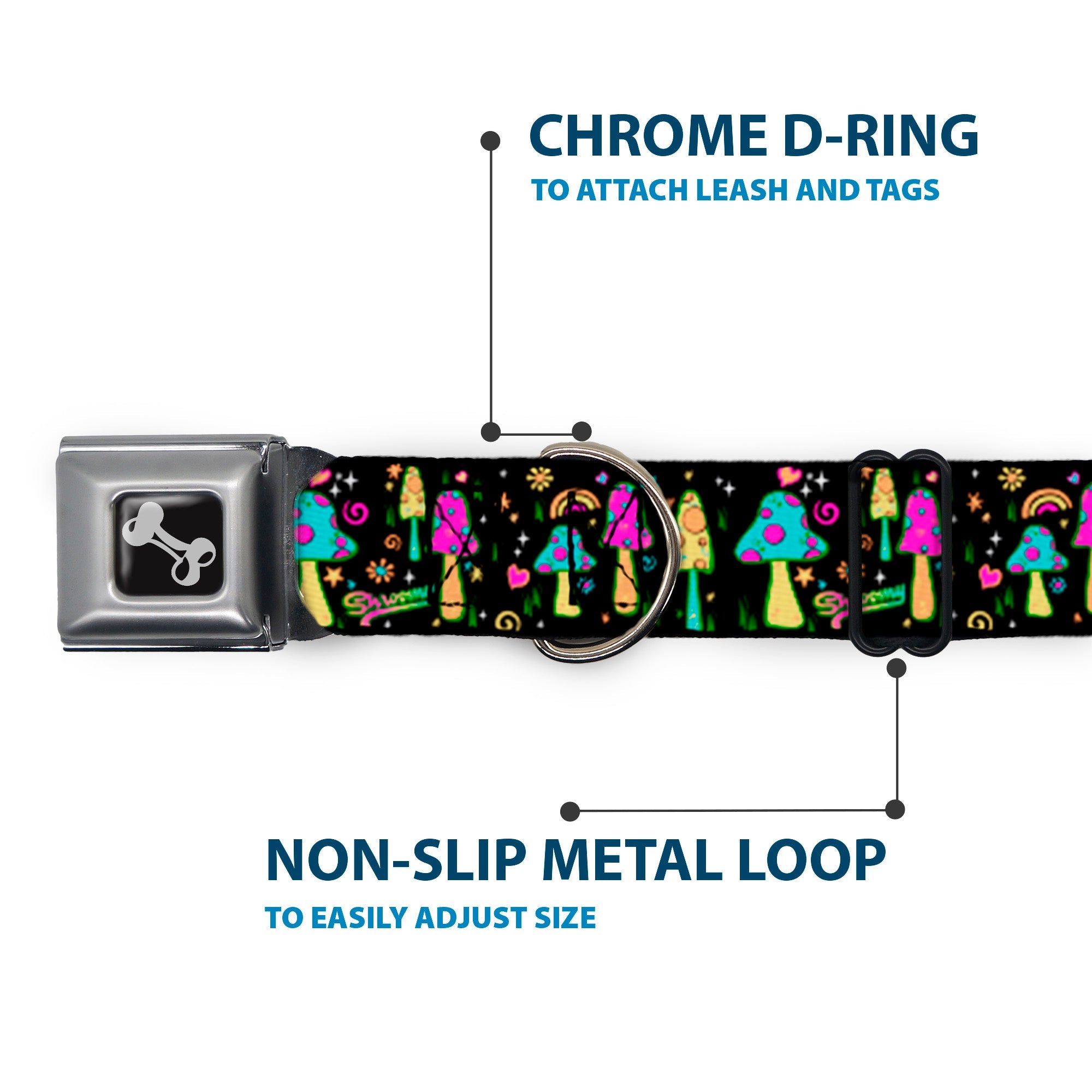 Dog Bone Black/Silver Seatbelt Buckle Collar - Mushroom SHROOMY Garden Black/Multi Color