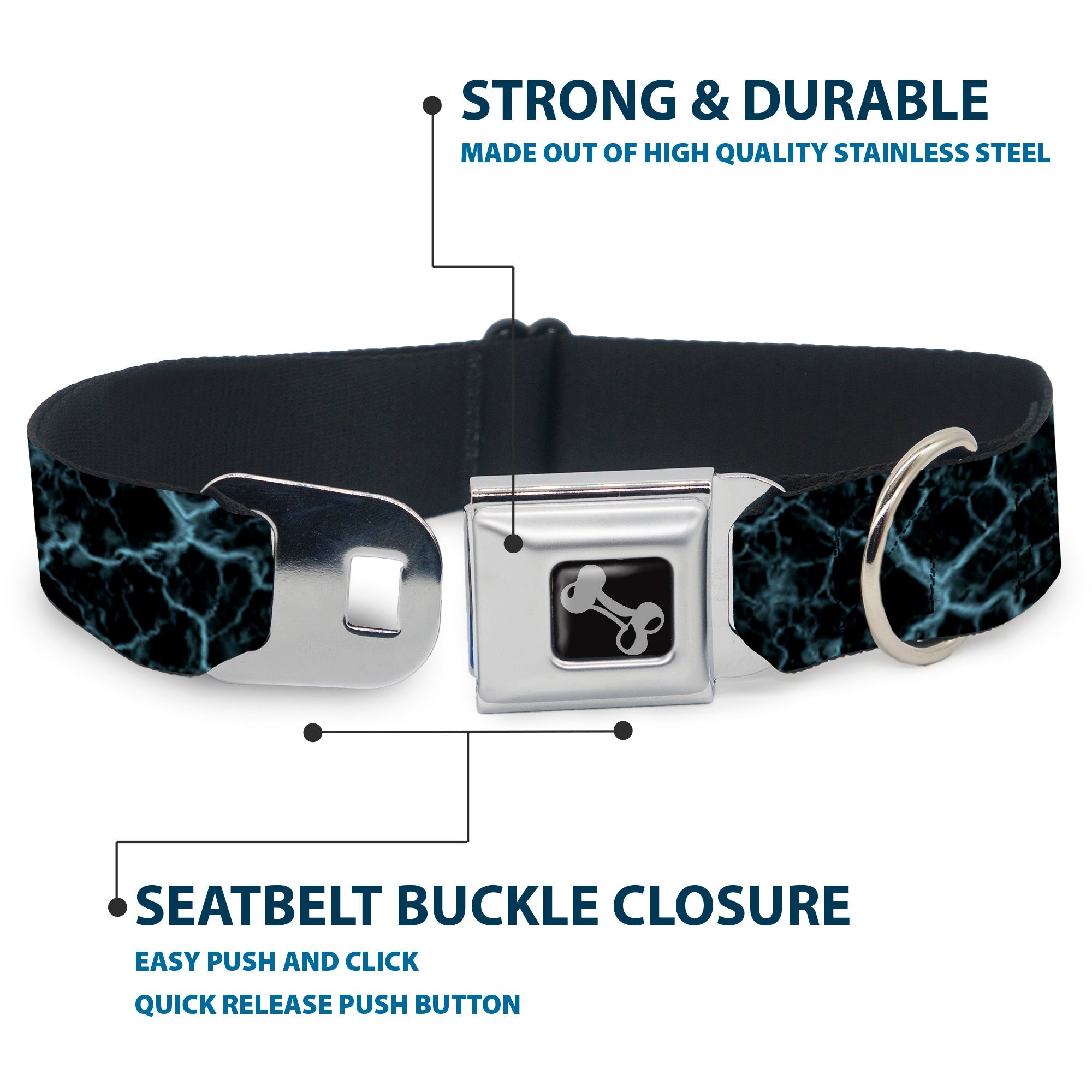 Dog Bone Black/Silver Seatbelt Buckle Collar - Marble Black/Baby Blue