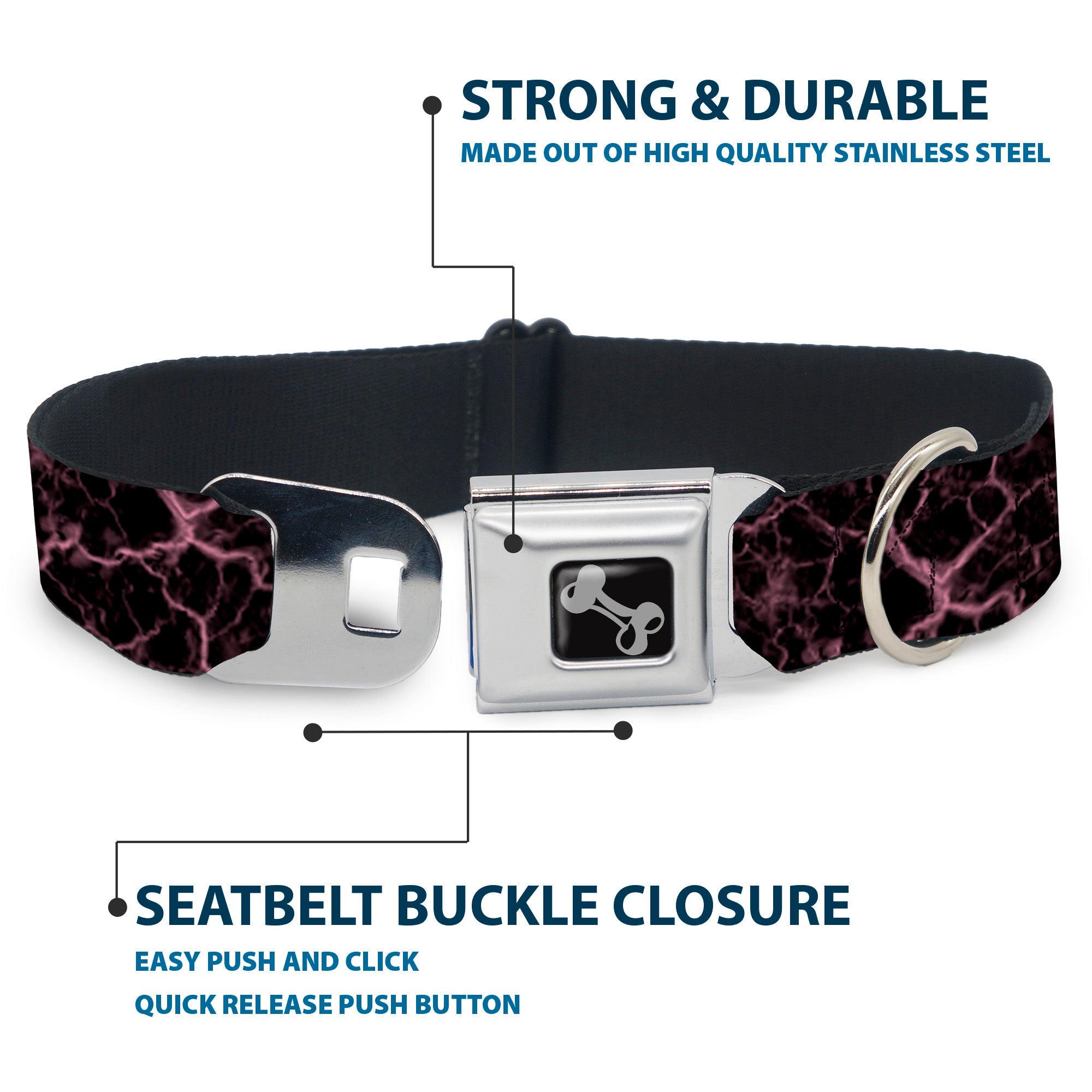 Dog Bone Black/Silver Seatbelt Buckle Collar - Marble Black/Baby Pink