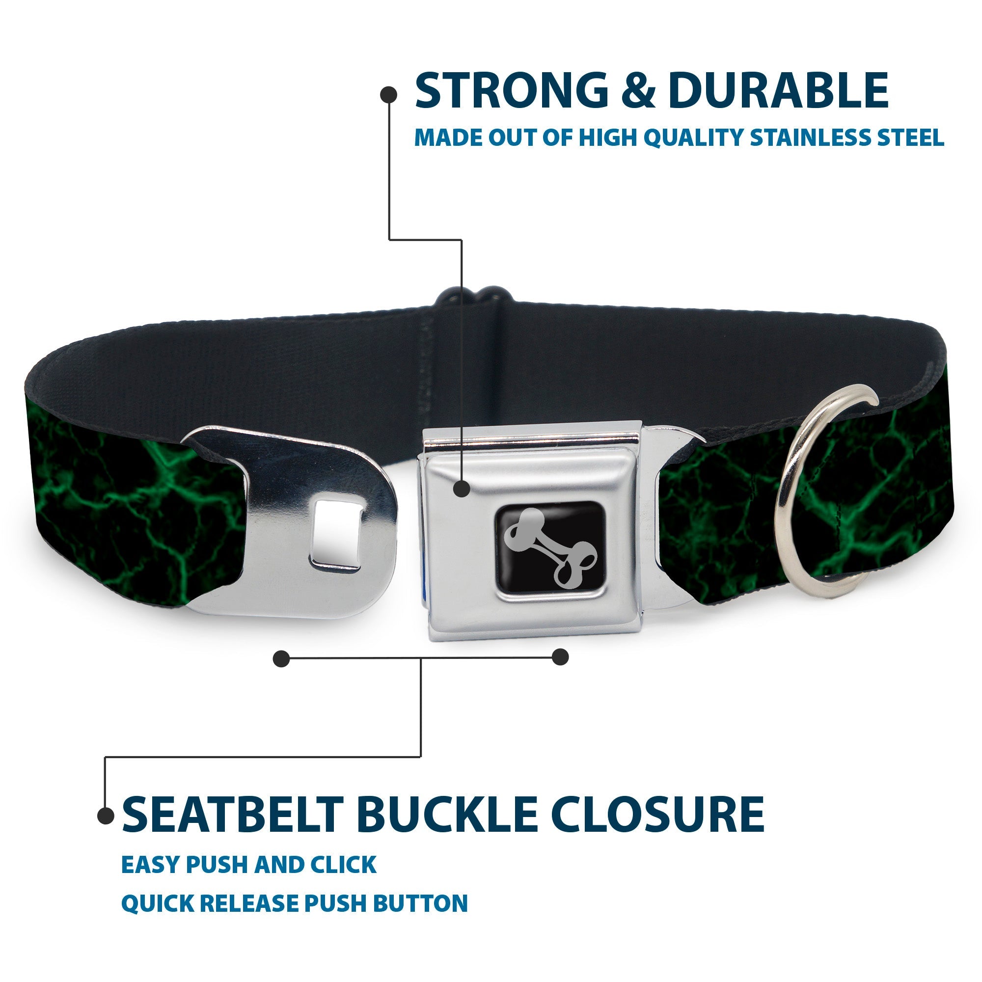 Dog Bone Black/Silver Seatbelt Buckle Collar - Marble Black/Green