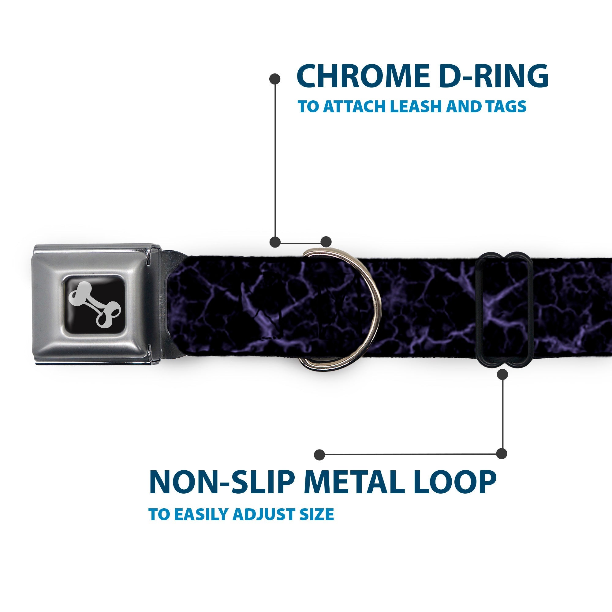 Dog Bone Black/Silver Seatbelt Buckle Collar - Marble Black/Purple