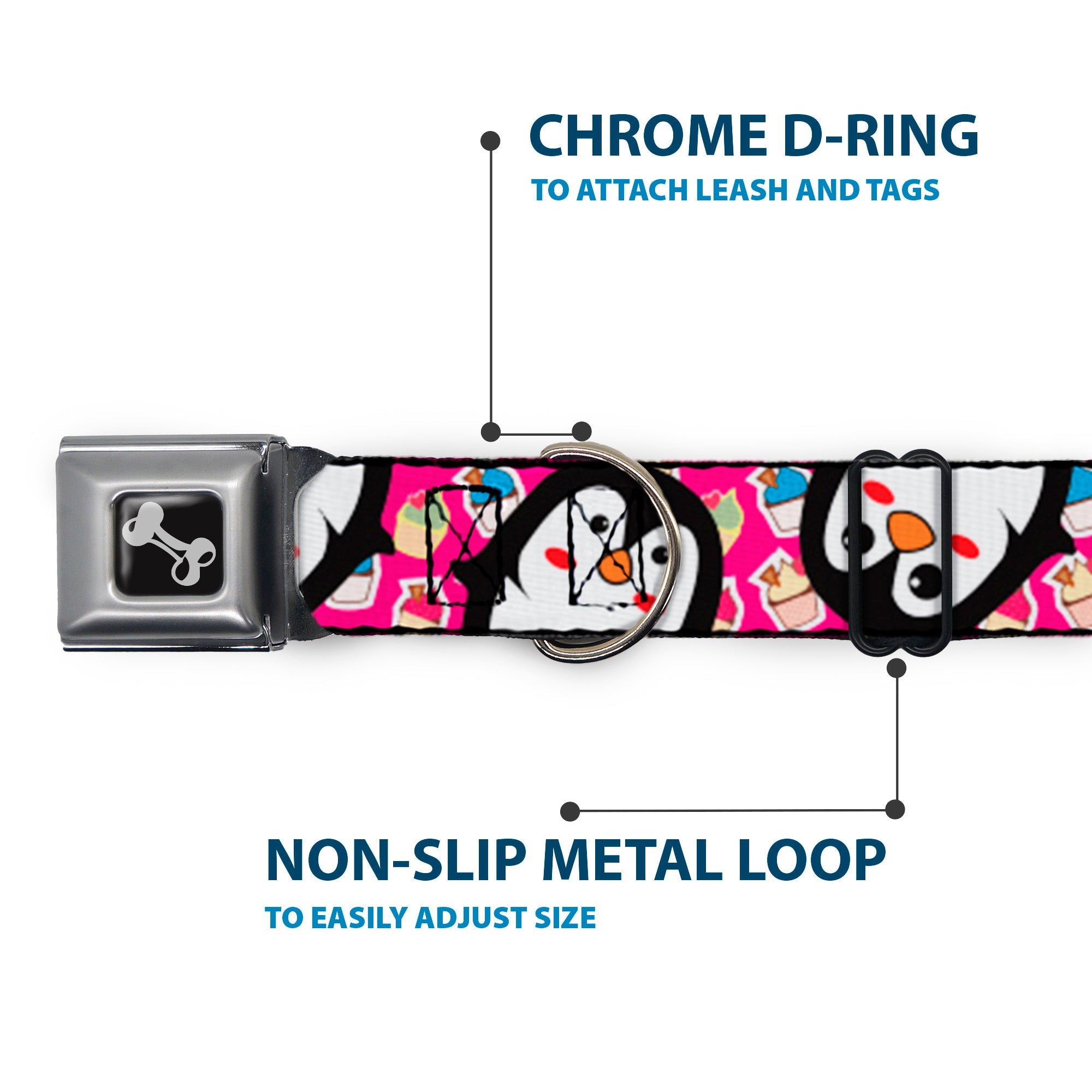 Dog Bone Seatbelt Buckle Collar - Penguins w/Cupcakes Fuchsia/Multi Color