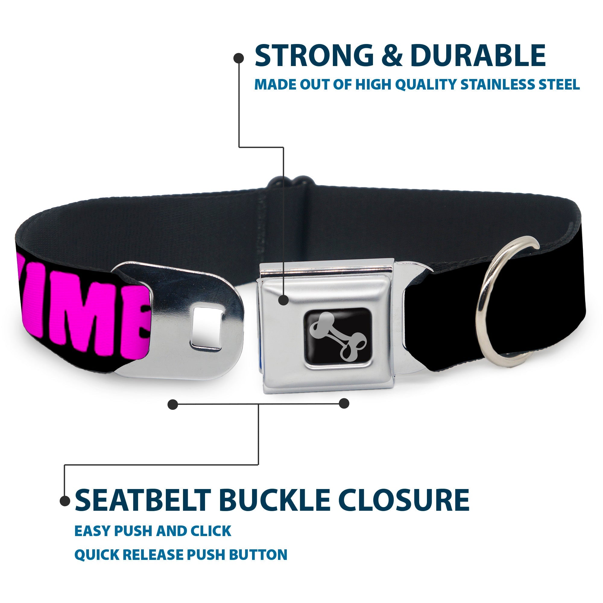 Dog Bone Seatbelt Buckle Collar - PARTY TIME! Black/Fuchsia