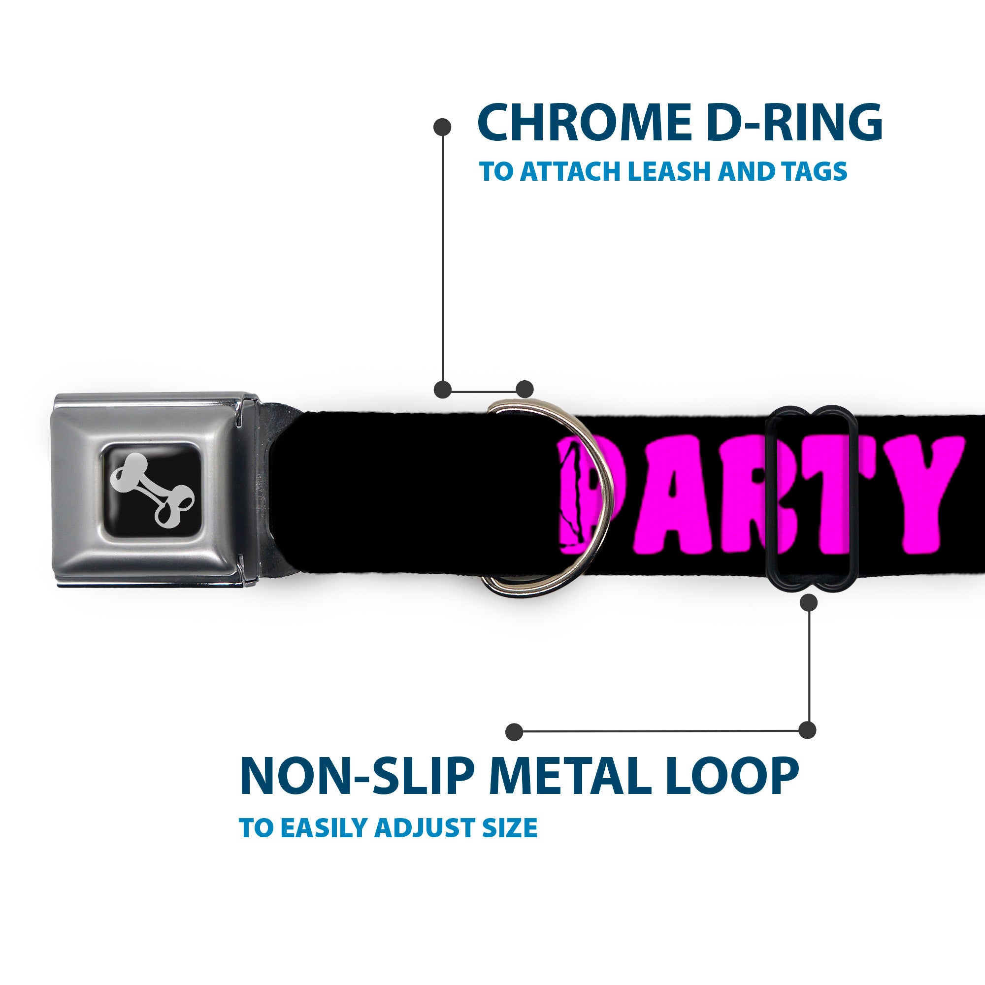 Dog Bone Seatbelt Buckle Collar - PARTY TIME! Black/Fuchsia