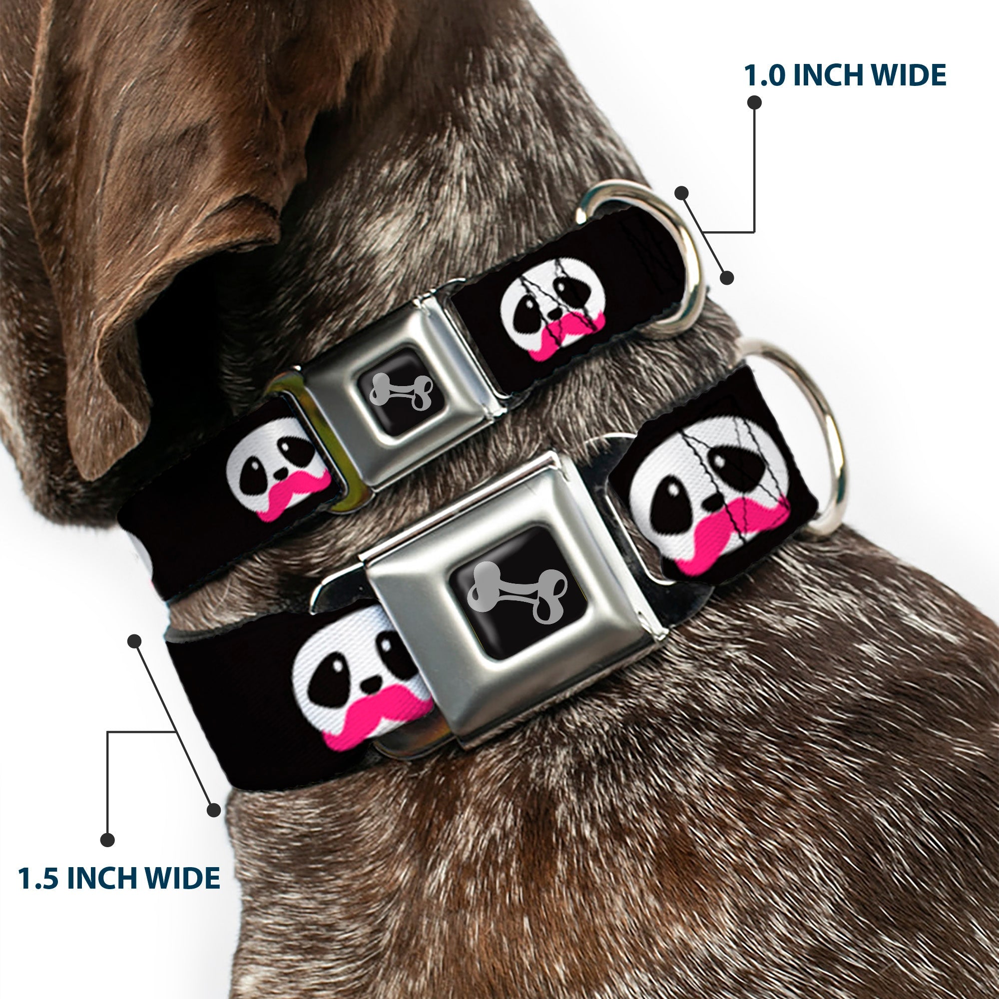 Dog Bone Seatbelt Buckle Collar - Panda Face w/Pink Mustache