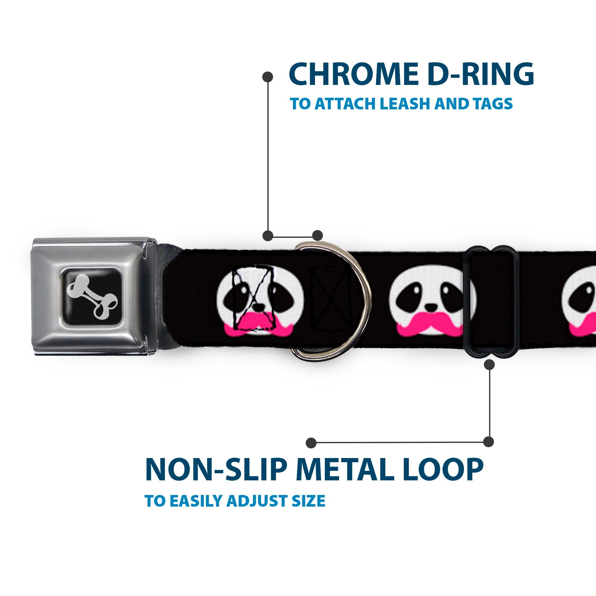 Dog Bone Seatbelt Buckle Collar - Panda Face w/Pink Mustache