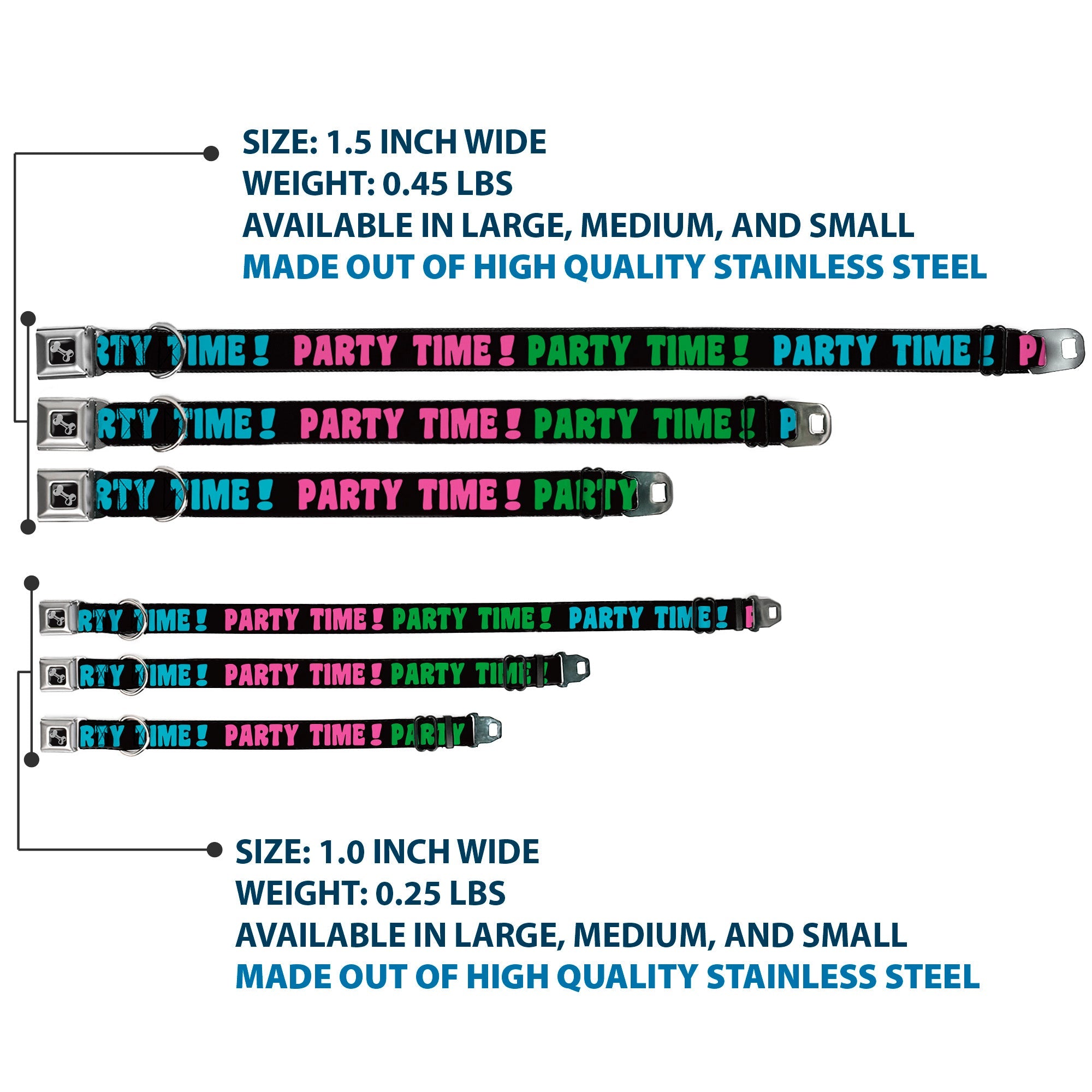 Dog Bone Seatbelt Buckle Collar - PARTY TIME! Black/Green/Turquoise/Fuchsia