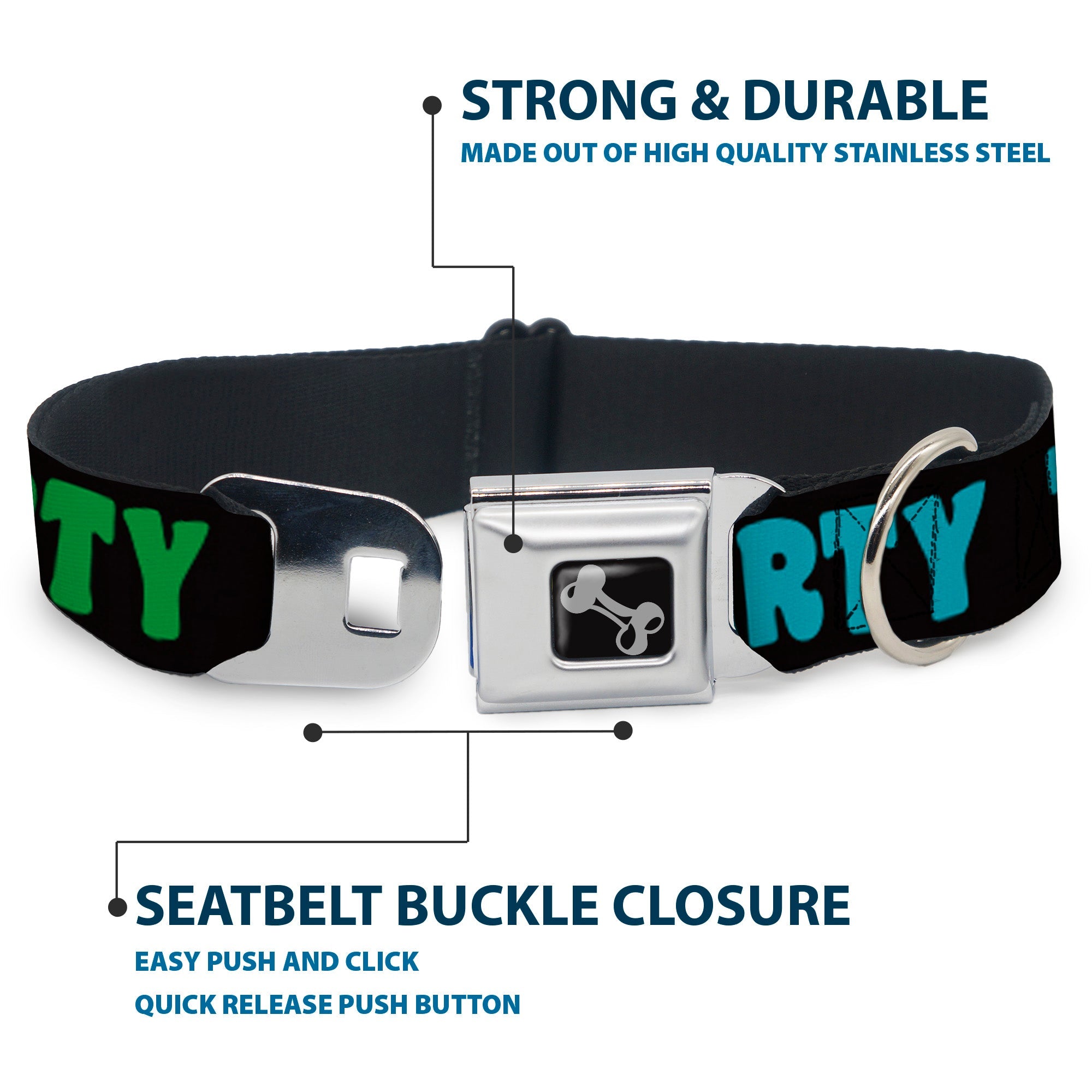 Dog Bone Seatbelt Buckle Collar - PARTY TIME! Black/Green/Turquoise/Fuchsia
