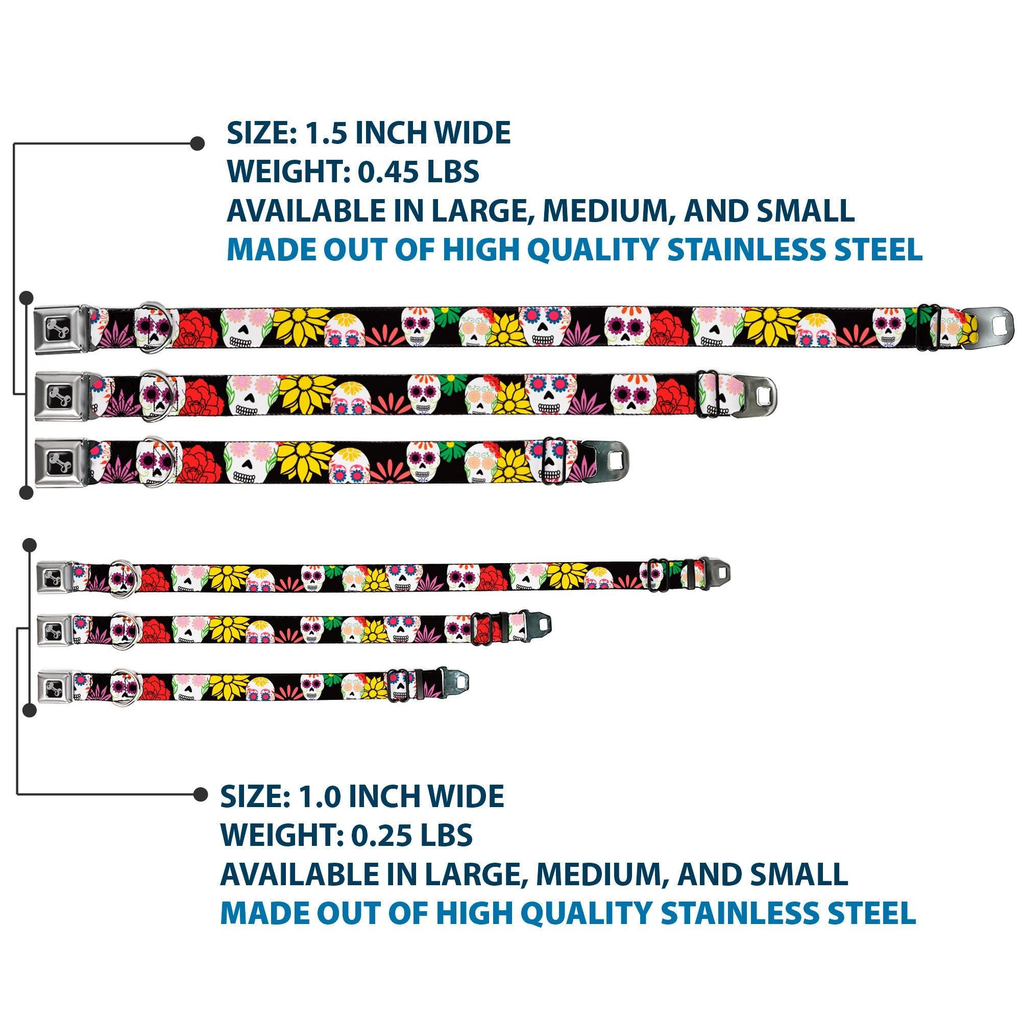 Dog Bone Seatbelt Buckle Collar - Sugar Skulls & Flowers Black/Multi Color