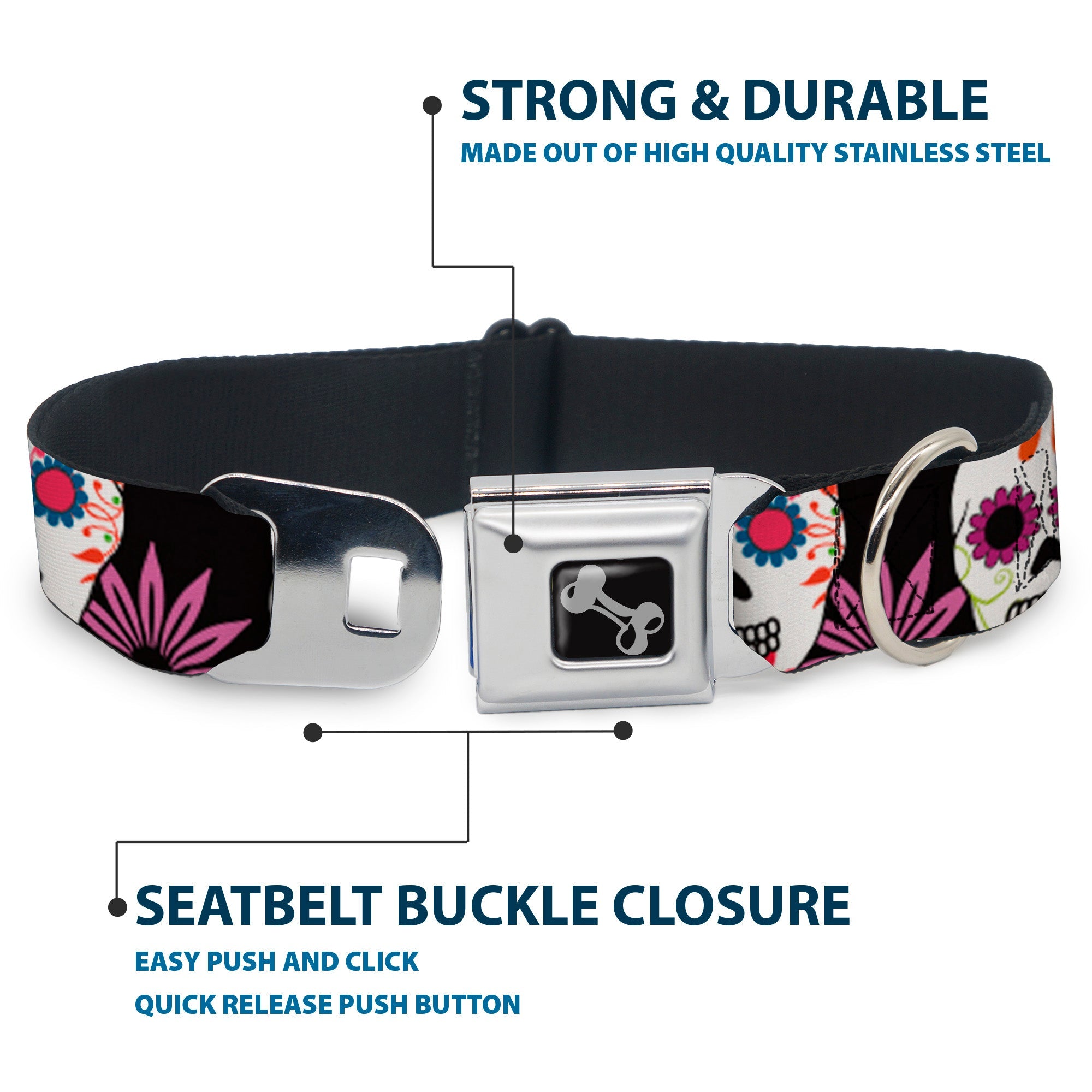 Dog Bone Seatbelt Buckle Collar - Sugar Skulls & Flowers Black/Multi Color