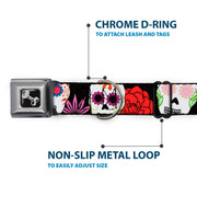 Dog Bone Seatbelt Buckle Collar - Sugar Skulls & Flowers Black/Multi Color