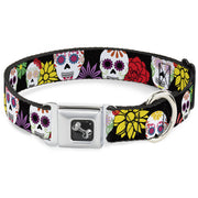 Dog Bone Seatbelt Buckle Collar - Sugar Skulls & Flowers Black/Multi Color