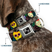 Dog Bone Black/Silver Seatbelt Buckle Collar - Painted Sugar Skulls & Flowers Collage