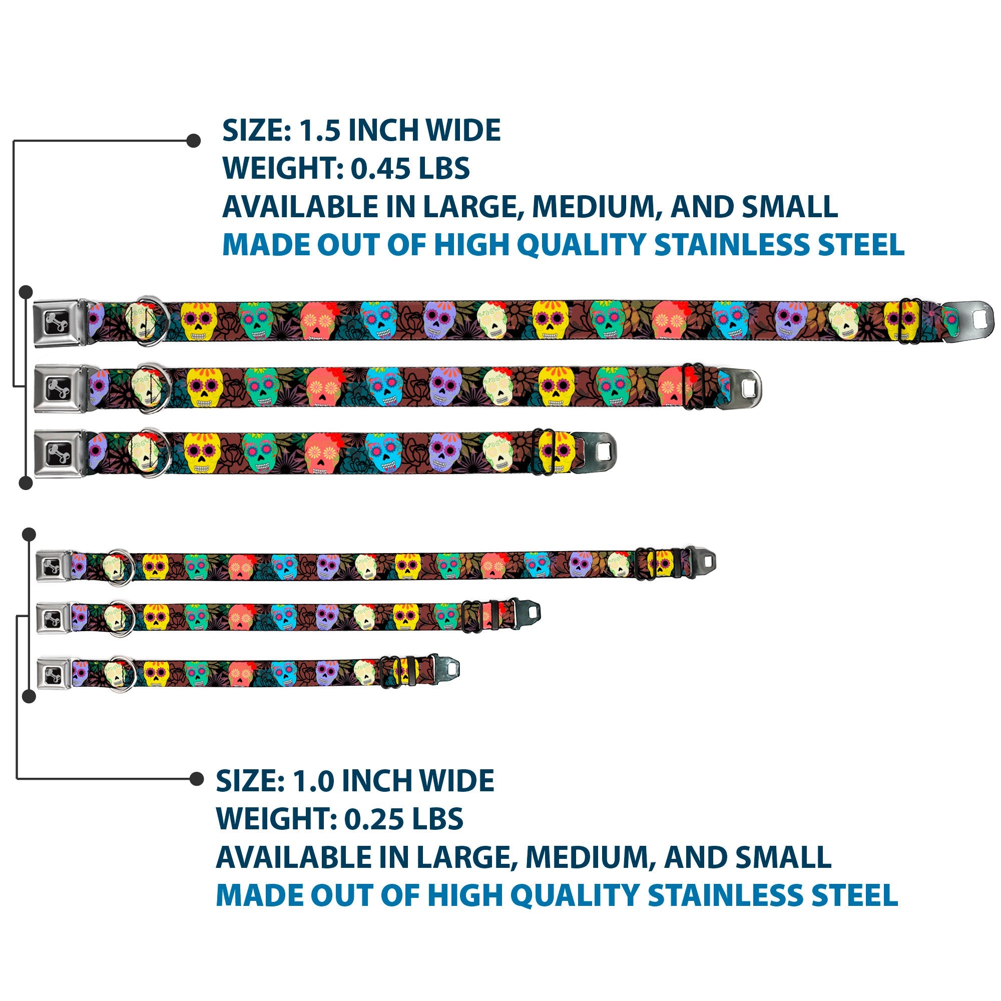 Dog Bone Black/Silver Seatbelt Buckle Collar - Painted Sugar Skulls & Flowers Collage
