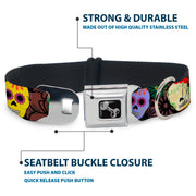 Dog Bone Black/Silver Seatbelt Buckle Collar - Painted Sugar Skulls & Flowers Collage