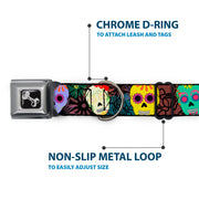 Dog Bone Black/Silver Seatbelt Buckle Collar - Painted Sugar Skulls & Flowers Collage