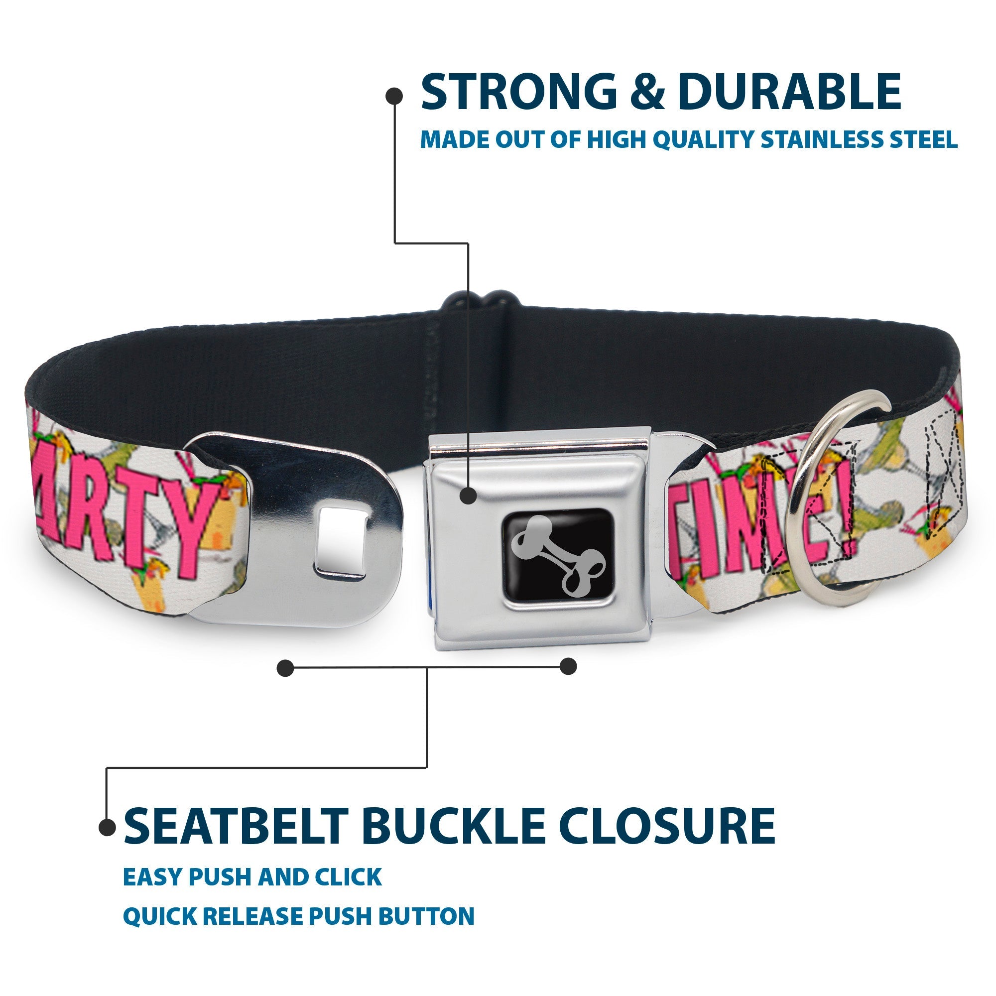 Buckle-Down Seatbelt Buckle Dog Collar - PARTY TIME! w/Drinks