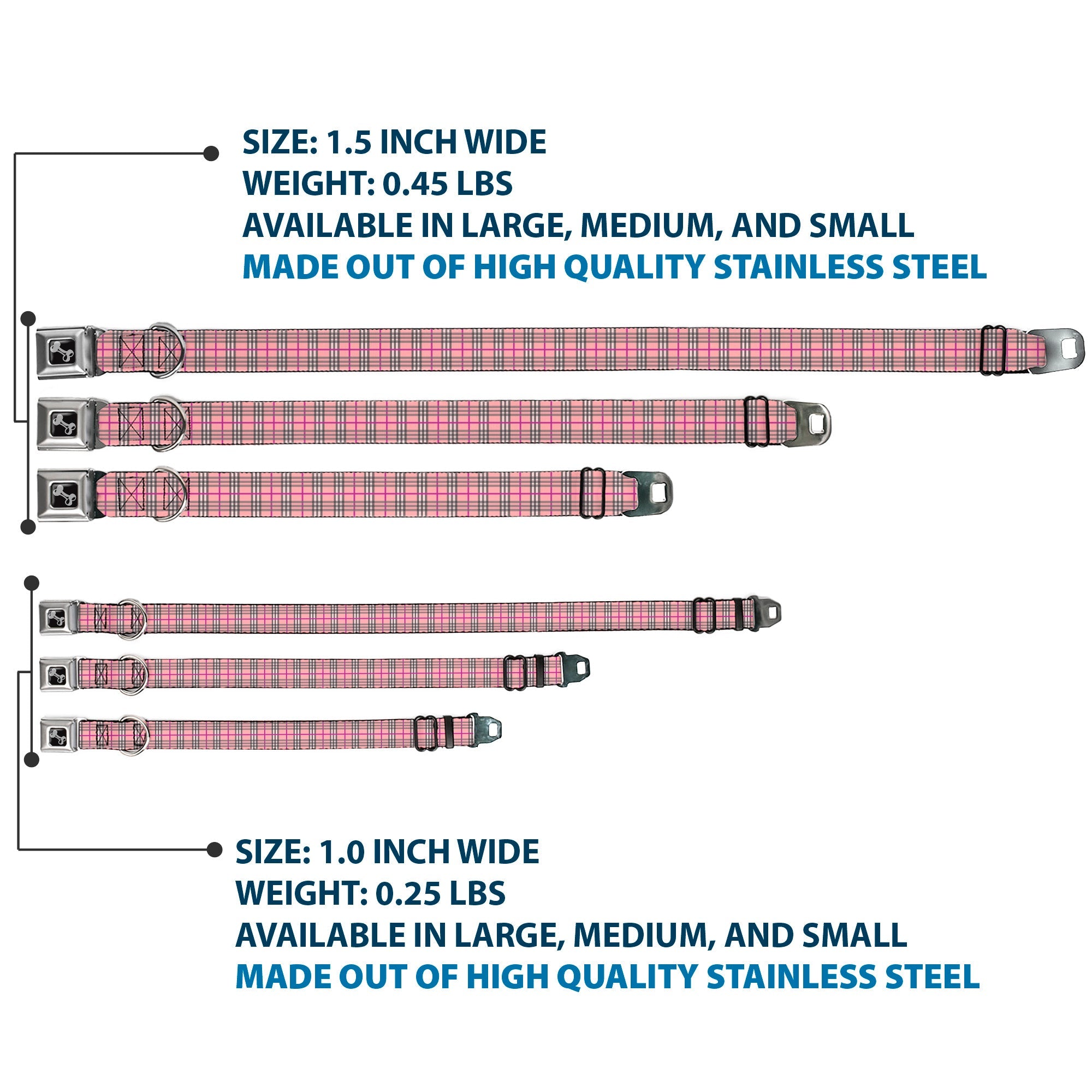 Dog Bone Seatbelt Buckle Collar - Plaid Pink