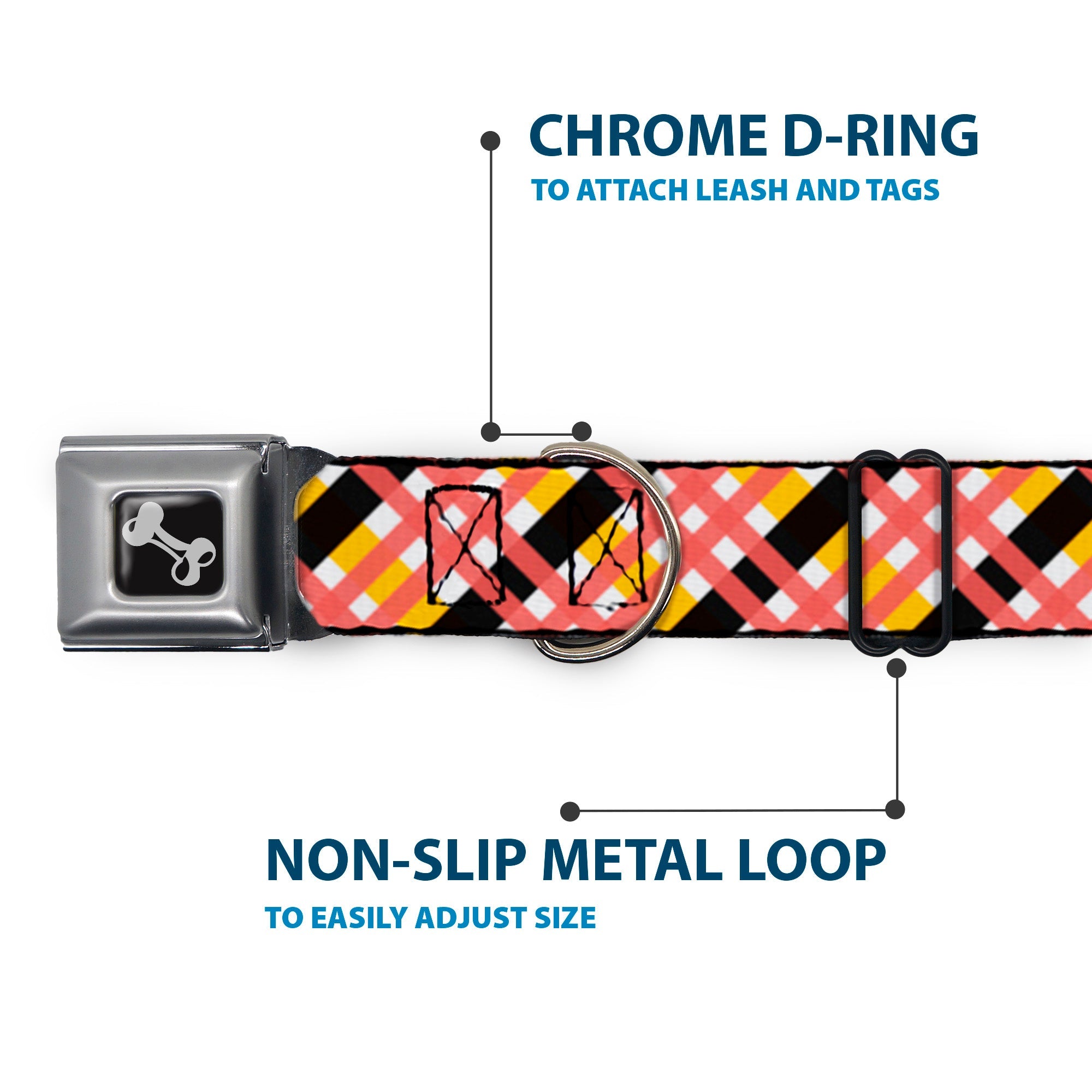 Dog Bone Seatbelt Buckle Collar - Plaid X White/Gold/Black/Pink