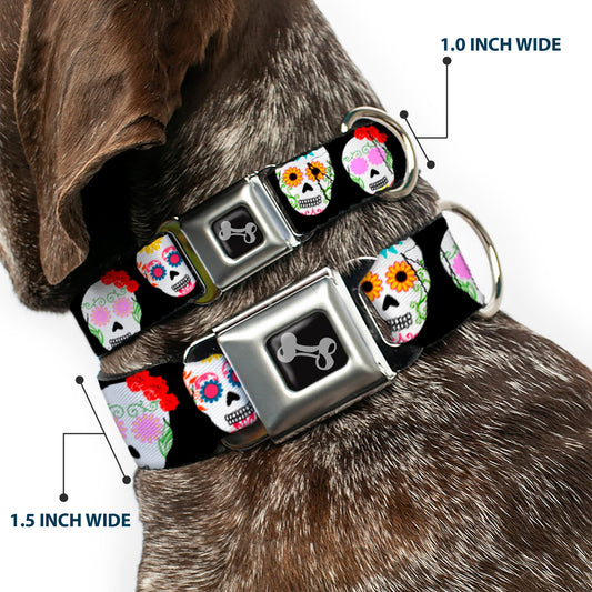 Dog Bone Seatbelt Buckle Collar - Staggered Sugar Skulls Black/Multi Color