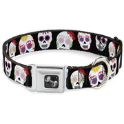 Dog Bone Seatbelt Buckle Collar - Staggered Sugar Skulls Black/Multi Color