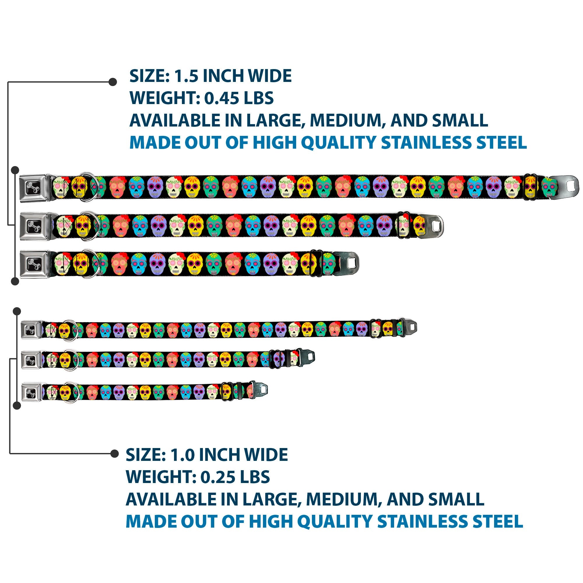 Dog Bone Black/Silver Seatbelt Buckle Collar - Painted Sugar Skulls Black/Multi Color