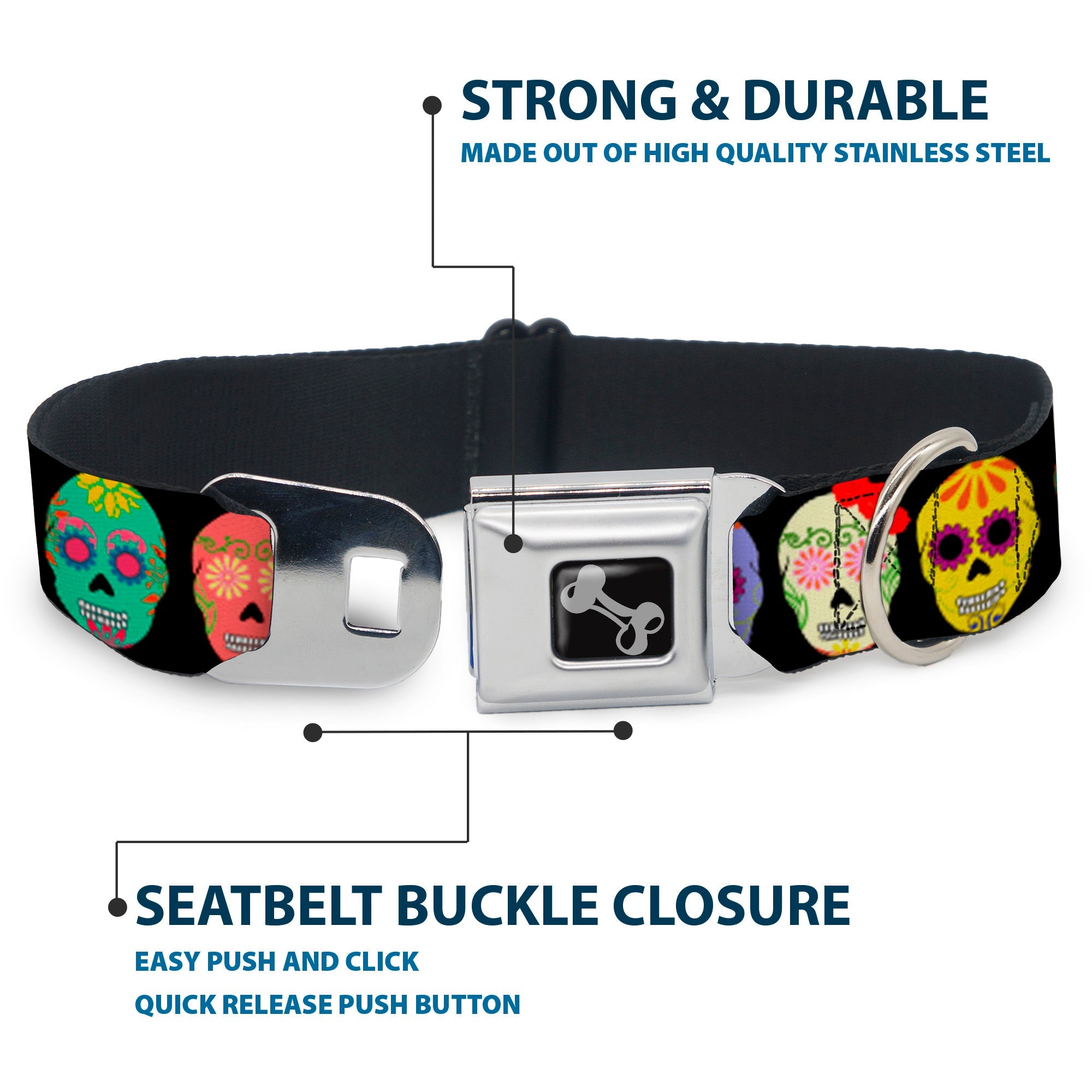Dog Bone Black/Silver Seatbelt Buckle Collar - Painted Sugar Skulls Black/Multi Color