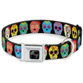 Load image into Gallery viewer, Dog Bone Black/Silver Seatbelt Buckle Collar - Painted Sugar Skulls Black/Multi Color
