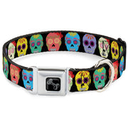 Dog Bone Black/Silver Seatbelt Buckle Collar - Painted Sugar Skulls Black/Multi Color