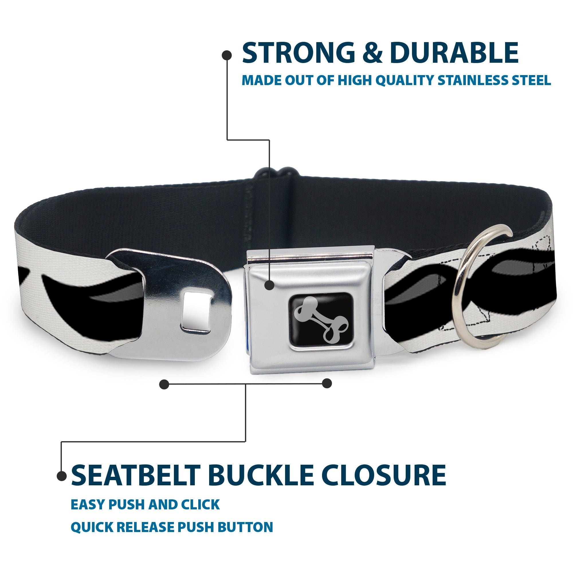 Dog Bone Black/Silver Seatbelt Buckle Collar - Plastic Mustache White/Black