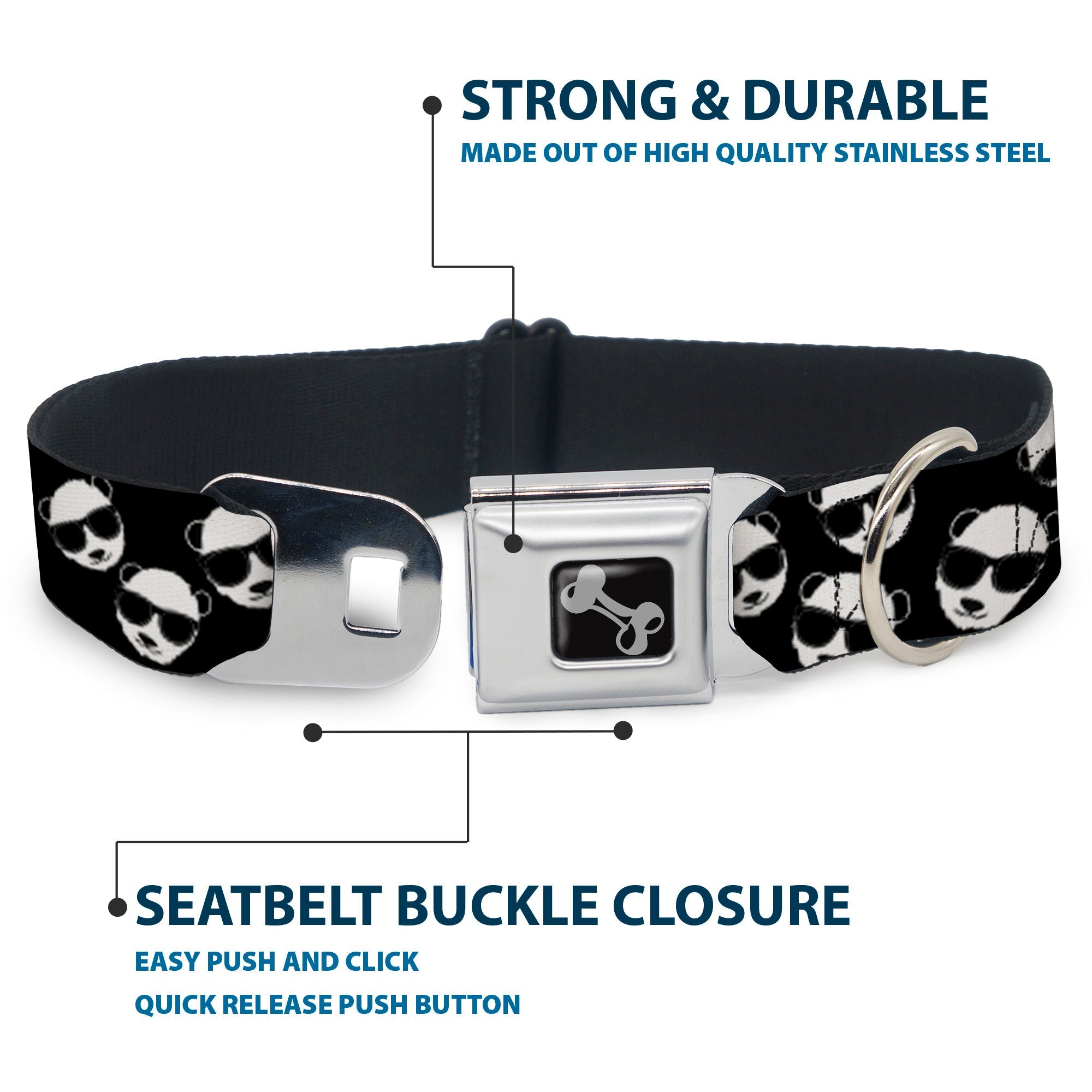 Dog Bone Seatbelt Buckle Collar - Multi Panda w/Sunglasses Black/White
