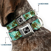 Dog Bone Black/Silver Seatbelt Buckle Collar - Palm Trees Swaying Tan/Teal