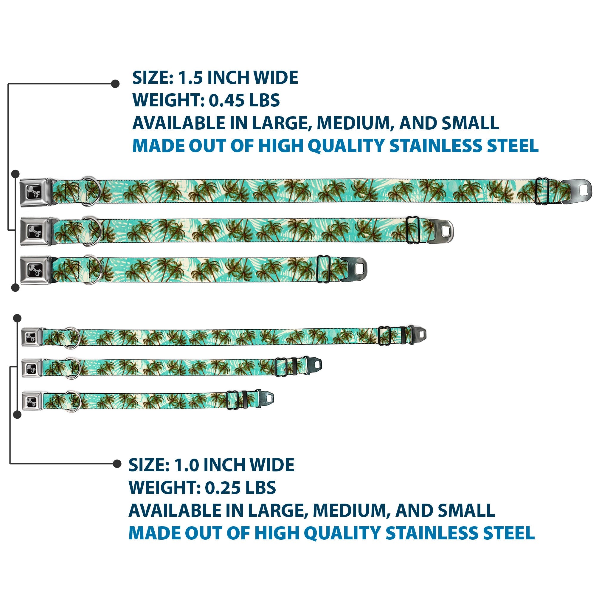 Dog Bone Black/Silver Seatbelt Buckle Collar - Palm Trees Swaying Tan/Teal
