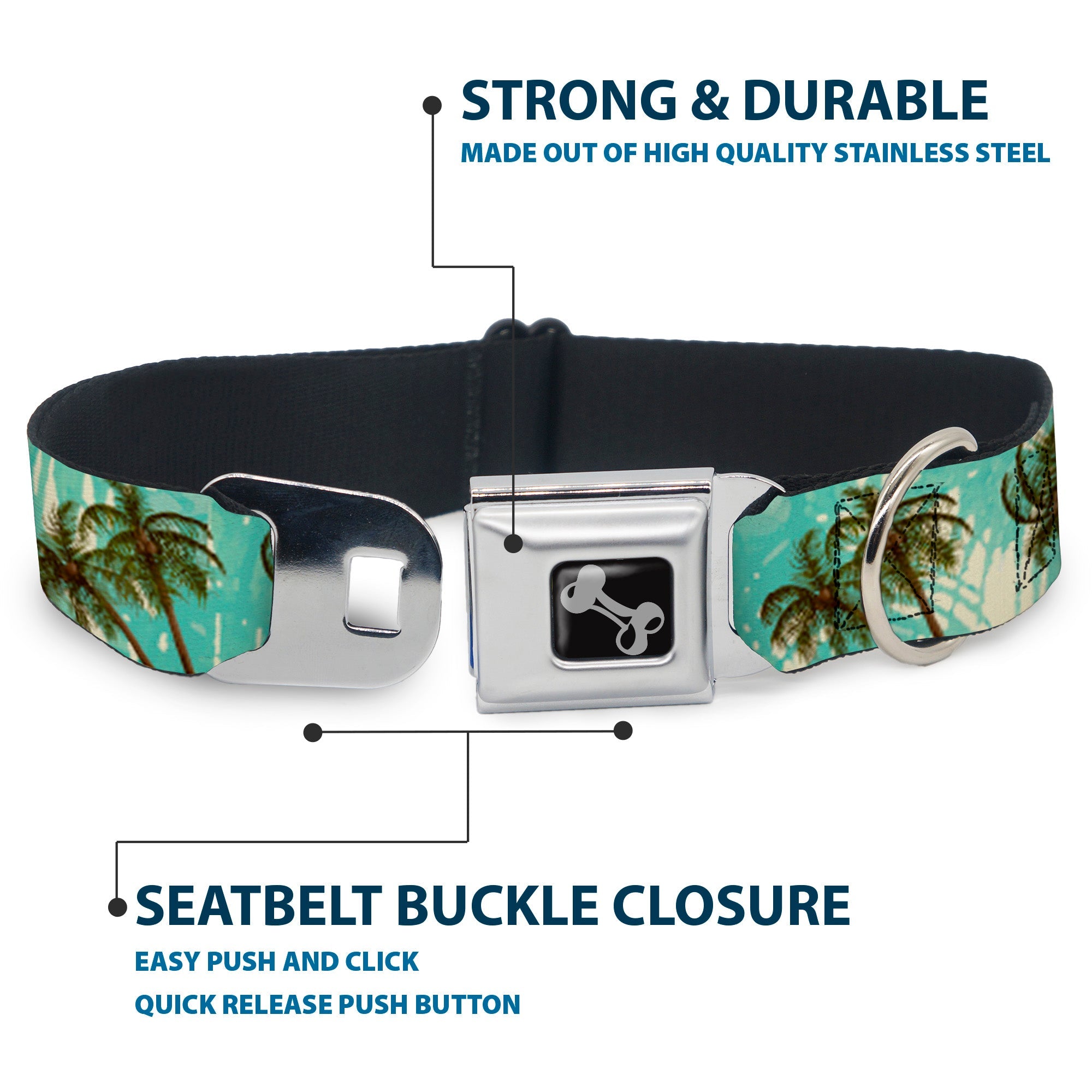 Dog Bone Black/Silver Seatbelt Buckle Collar - Palm Trees Swaying Tan/Teal