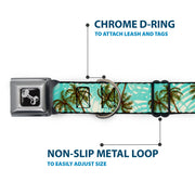 Dog Bone Black/Silver Seatbelt Buckle Collar - Palm Trees Swaying Tan/Teal
