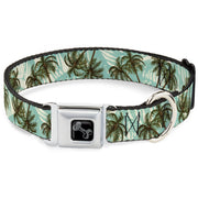 Dog Bone Black/Silver Seatbelt Buckle Collar - Palm Trees Swaying Tan/Teal