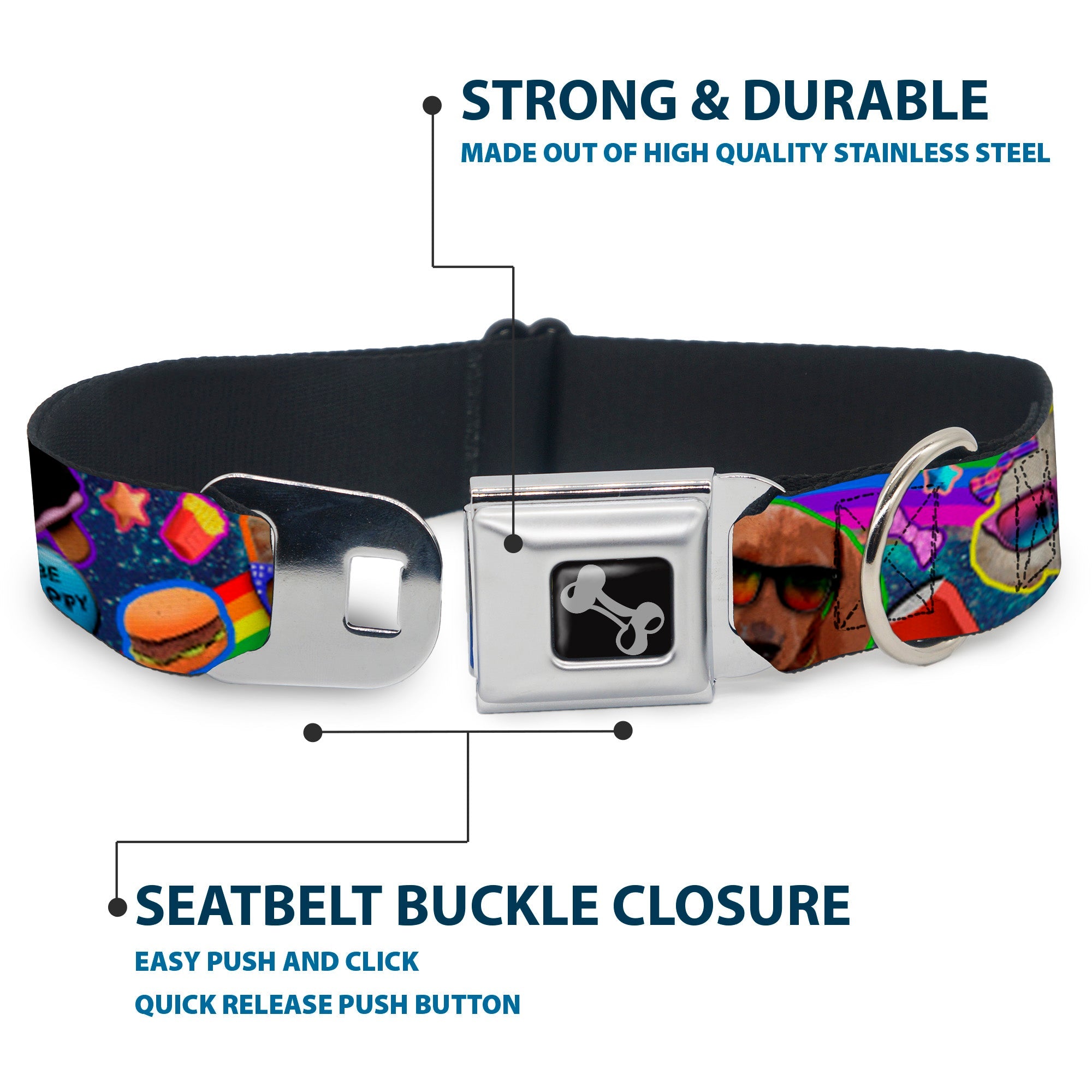 Dog Bone Seatbelt Buckle Collar - Pets & Snacks Rainbow Collage