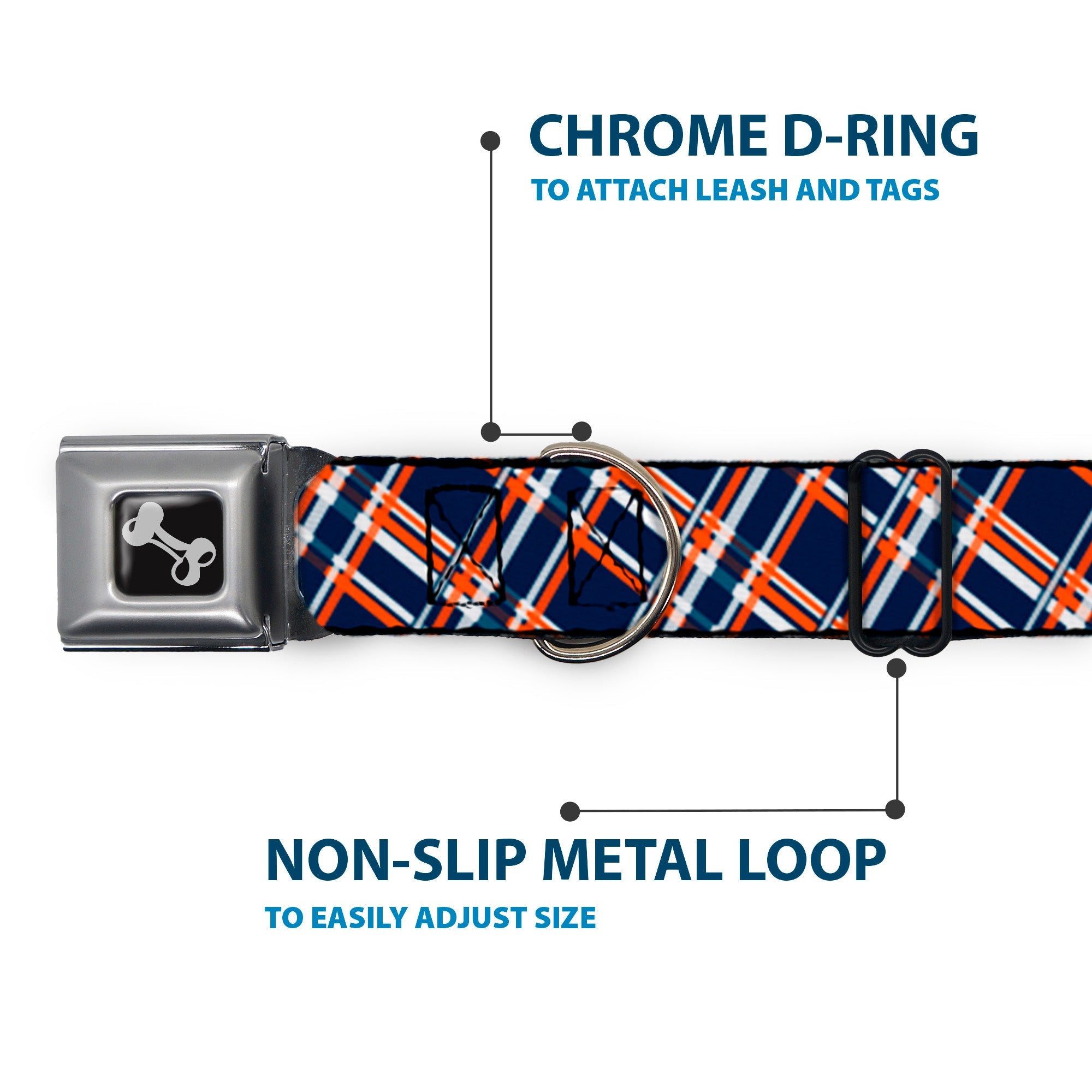 Dog Bone Seatbelt Buckle Collar - Plaid X3 Navy/Orange/White