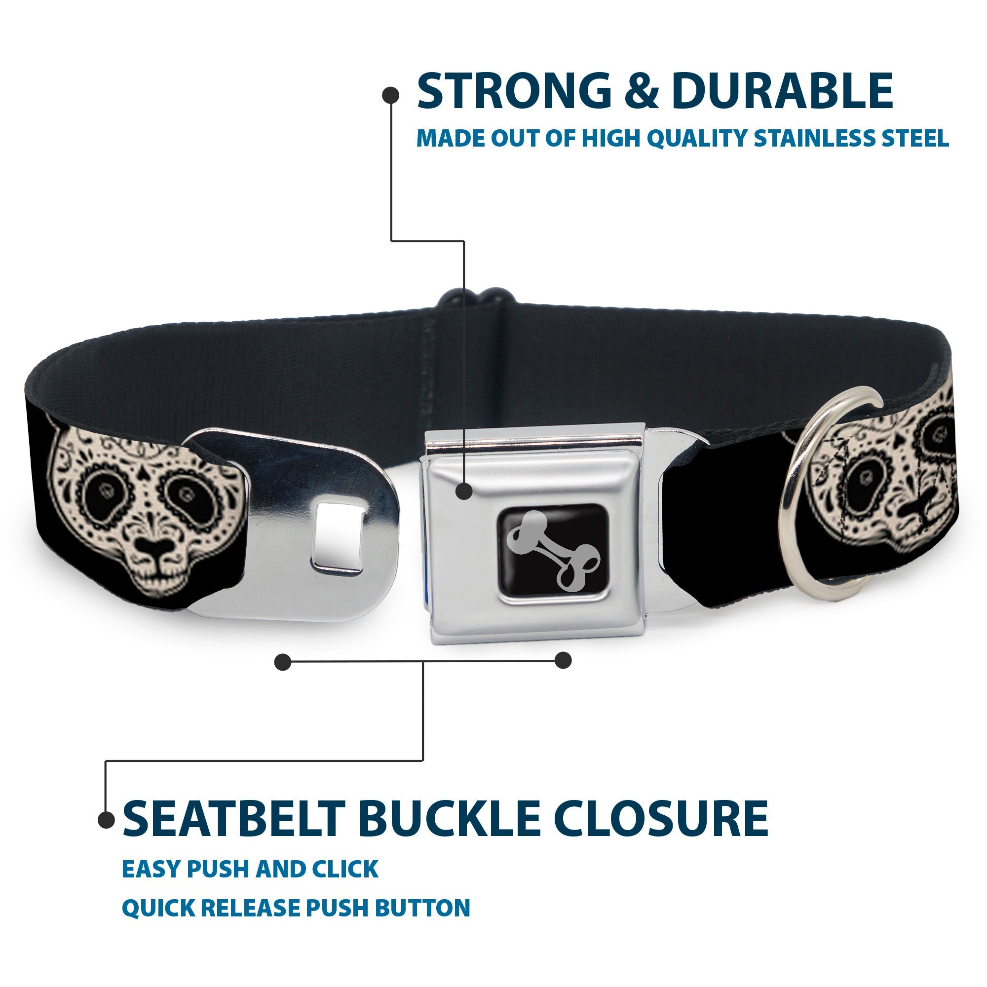 Dog Bone Seatbelt Buckle Collar - Panda Bear Sugar Skull Black/White