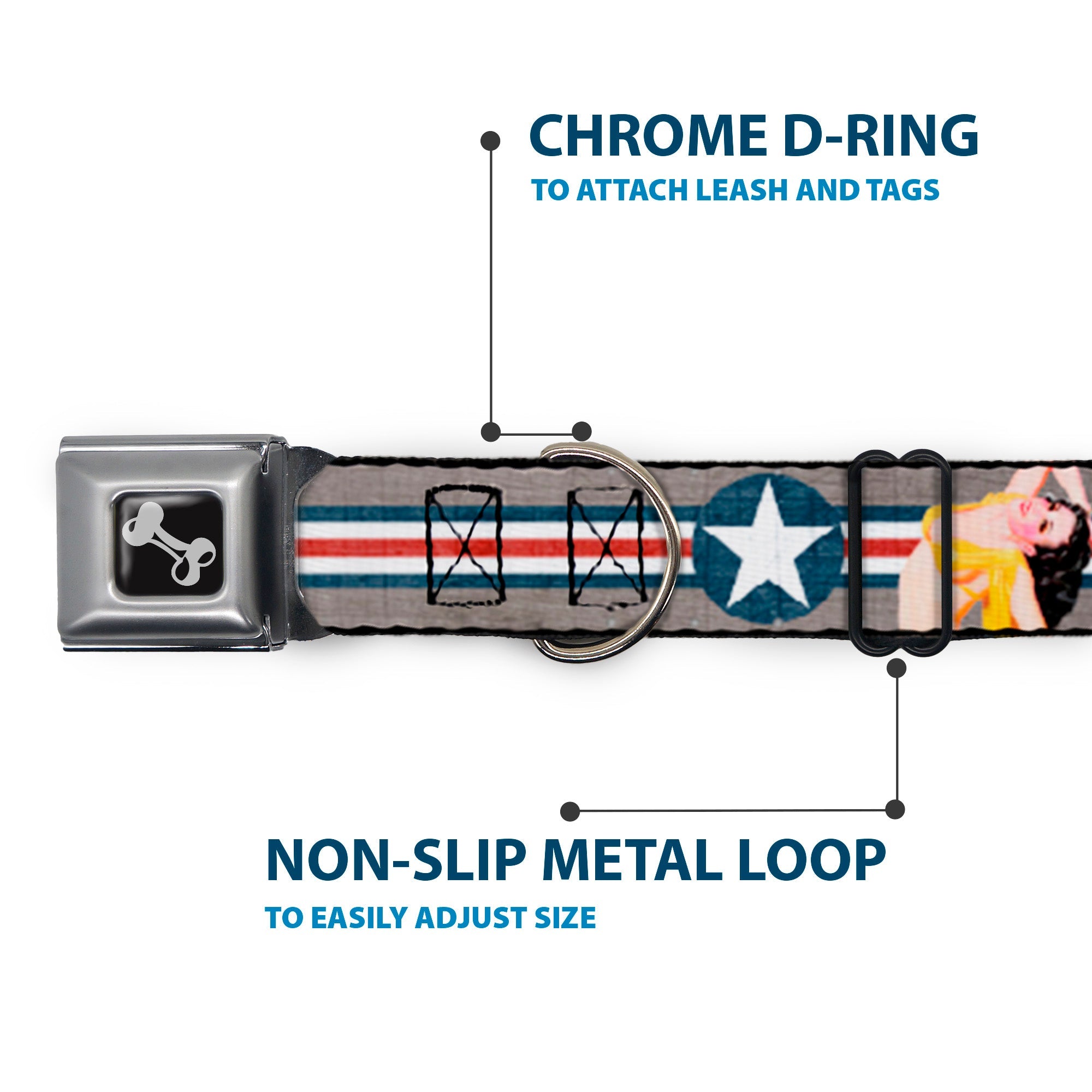 Dog Bone Seatbelt Buckle Collar - Pin Up Girl Poses Star & Stripes Gray/Blue/White/Red