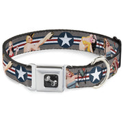Dog Bone Seatbelt Buckle Collar - Pin Up Girl Poses Star & Stripes Gray/Blue/White/Red