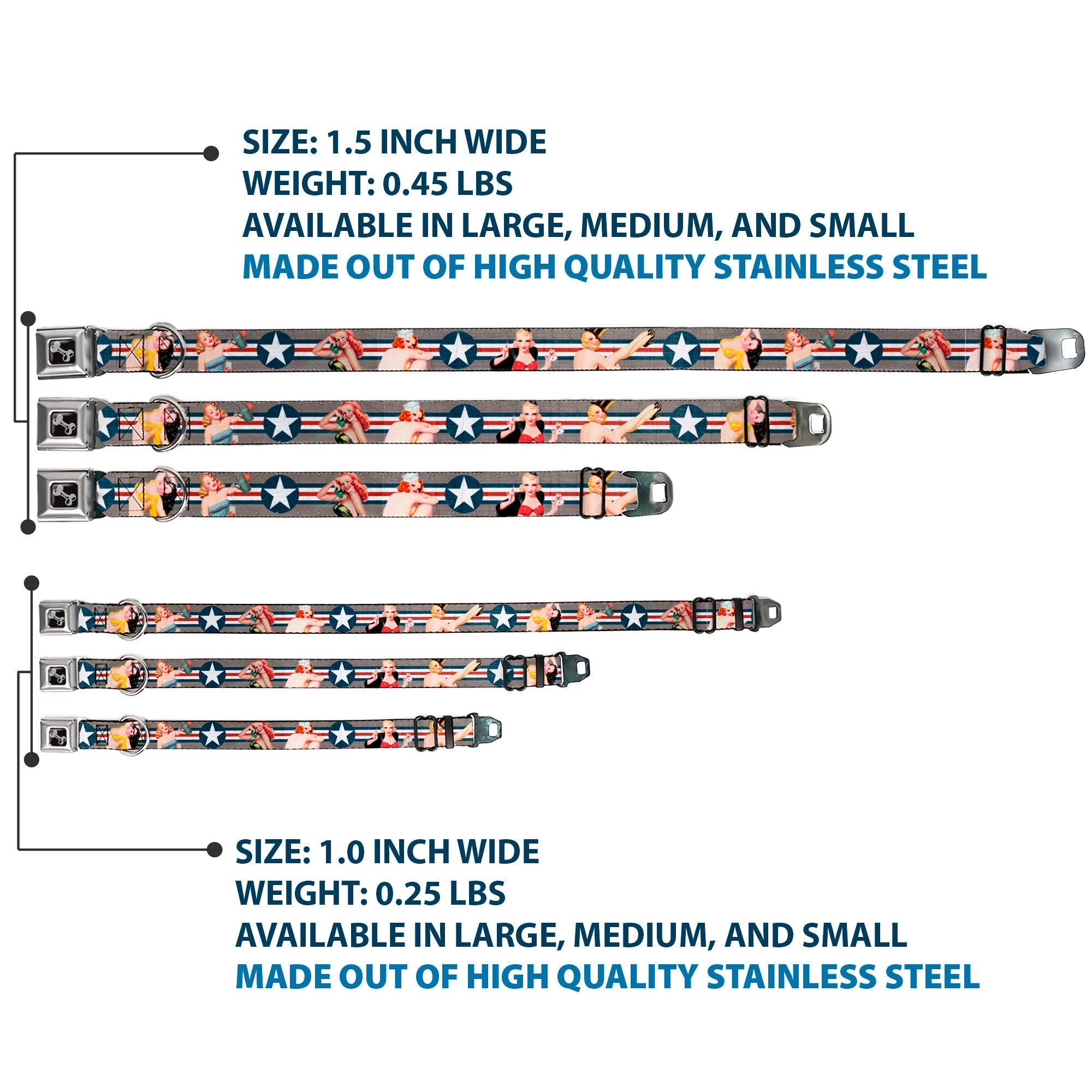 Dog Bone Seatbelt Buckle Collar - Pin Up Girl Poses CLOSE-UP Star & Stripes Gray/Blue/White/Red