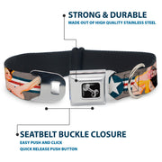 Dog Bone Seatbelt Buckle Collar - Pin Up Girl Poses CLOSE-UP Star & Stripes Gray/Blue/White/Red
