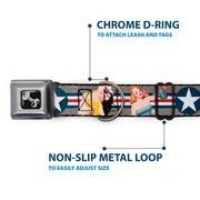 Dog Bone Seatbelt Buckle Collar - Pin Up Girl Poses CLOSE-UP Star & Stripes Gray/Blue/White/Red